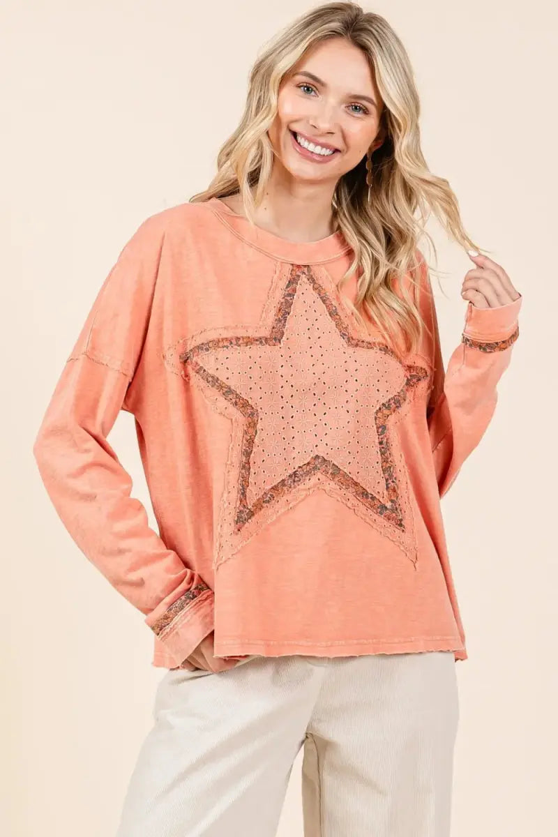 Mittoshop Mineral Wash Star Patch Long Sleeve T-Shirt for Women - Love Salve